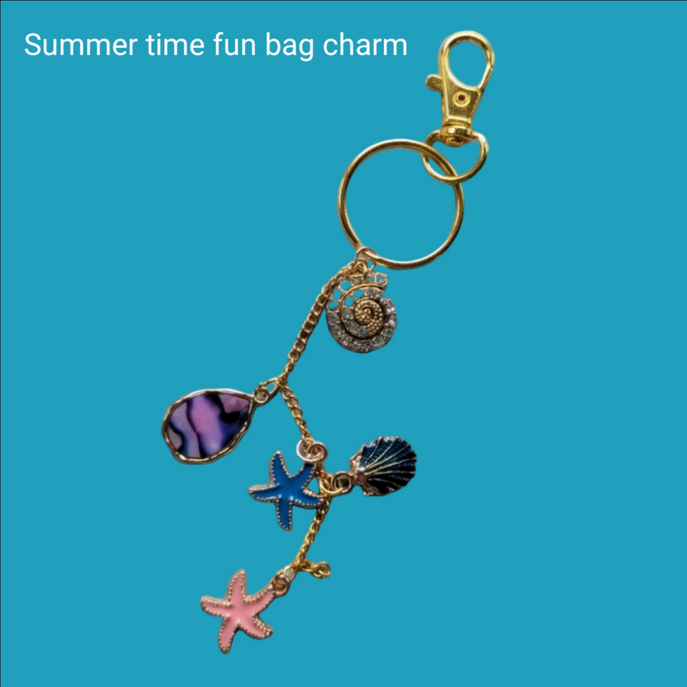 Gold and Blue Beachy Seashell Charm Keychain
